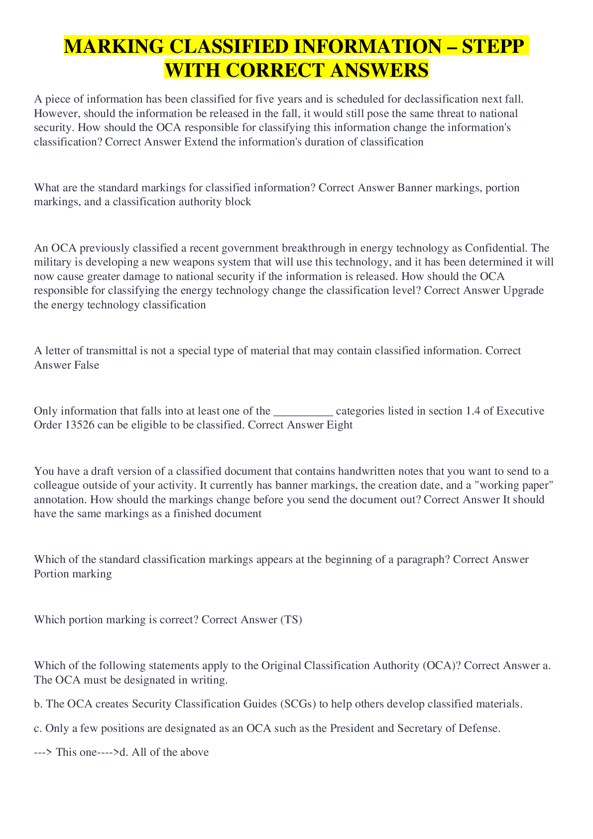 Preview image for MARKING CLASSIFIED INFORMATION – STEPP WITH CORRECT ANSWERS